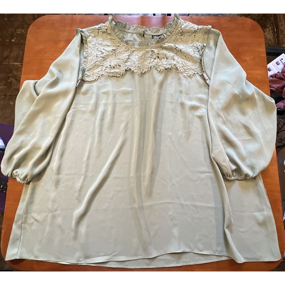 City Chic Blouse Womens Large Green Lace Angel Elbow Sleeve Sage Flowy Cottage